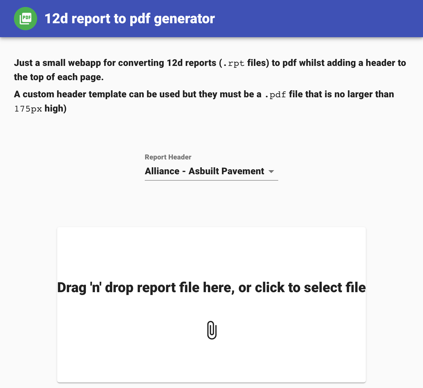 Screenshot of "12d report to pdf generator"