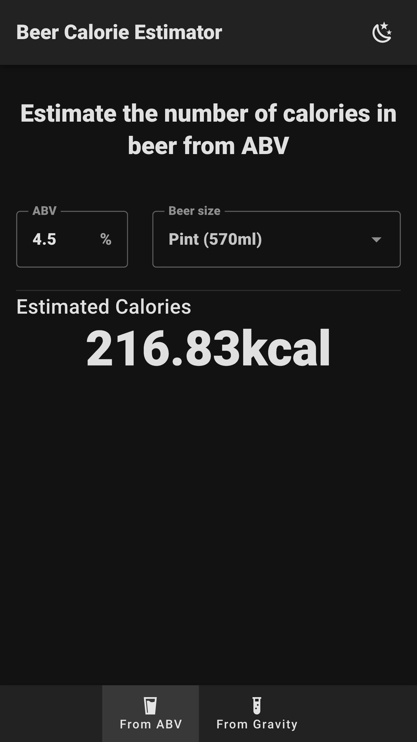 Screenshot of "Beer Calorie Calculator"