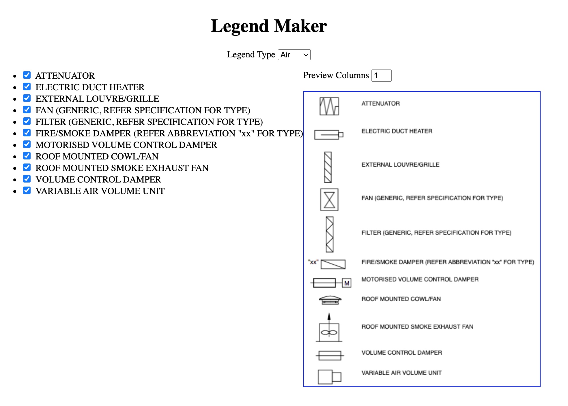 Screenshot of "HVAC Legend Generator POC"