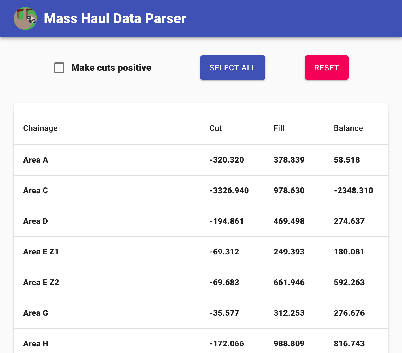 Screenshot of "Mass Haul Data Parser"